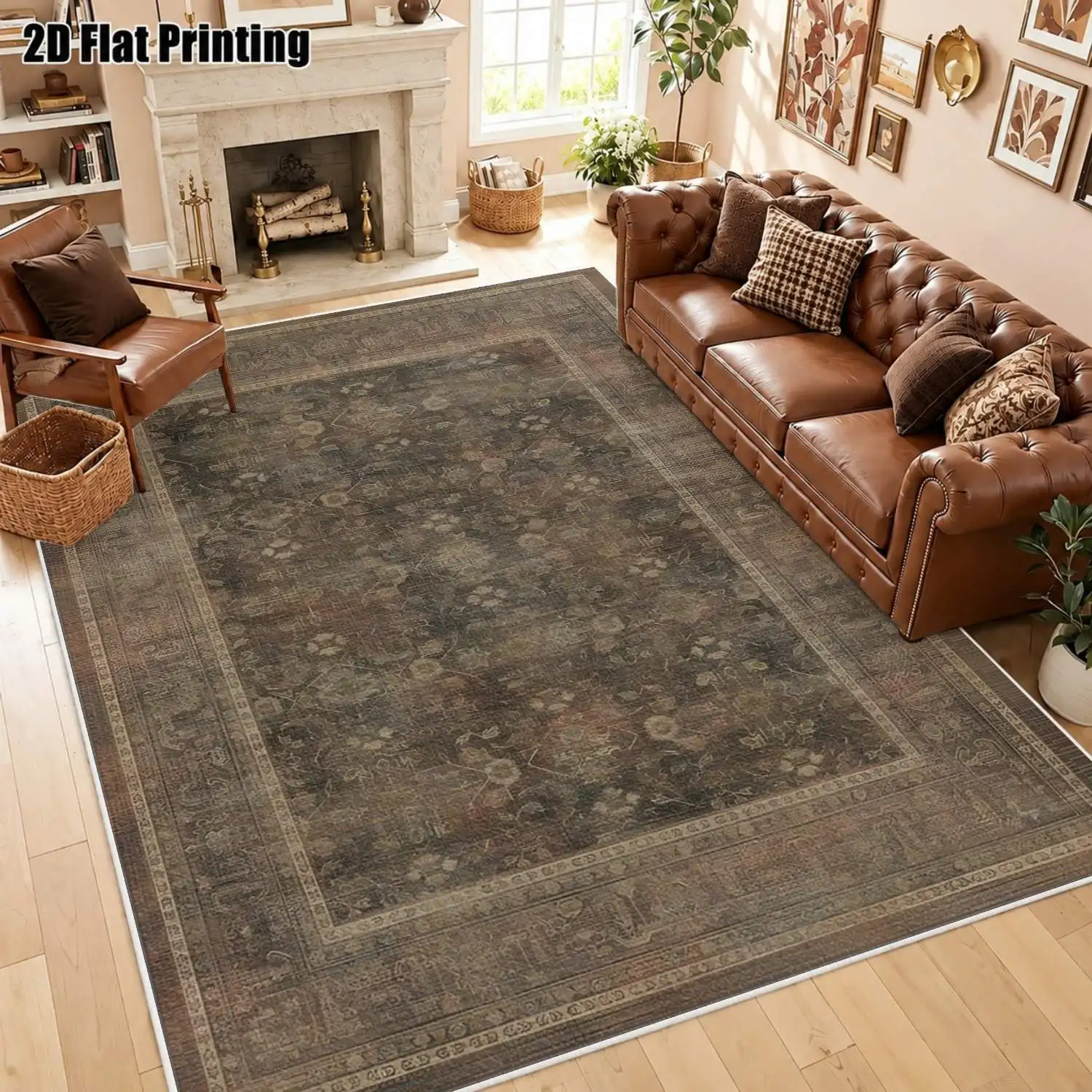 1Pc 2D Printed Retro Coffee Geometric Floral Velvet Carpet, Suitable for Home Decor, Multiple Sizes, Machine Washable, Multi-Scene Use