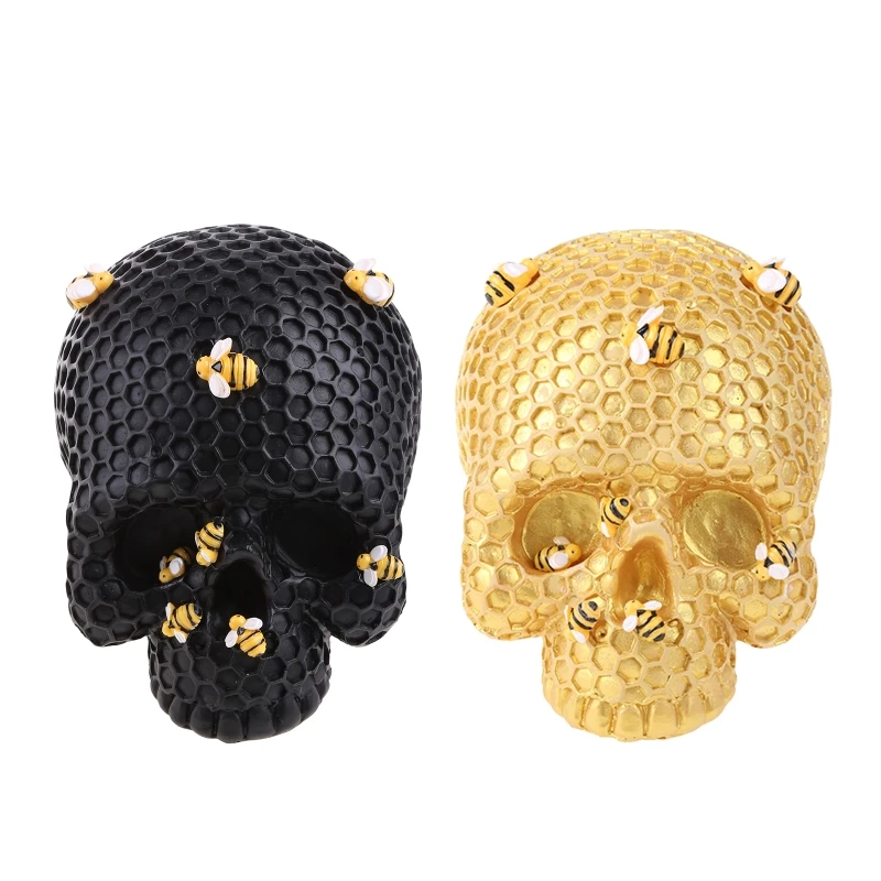 Teschio in resina a forma nido d'ape Scheletro Ornamenti per barra regalo Halloween Nero dorato 45BE