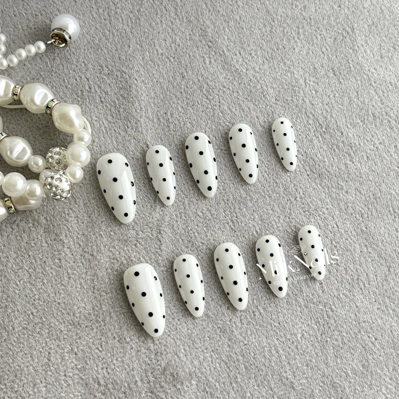10PCS Almond Handmade Press on Nails Polka Dot Design Medium-Length French Acrylic Fake Nails White Black Girl Manicure Tips Kit