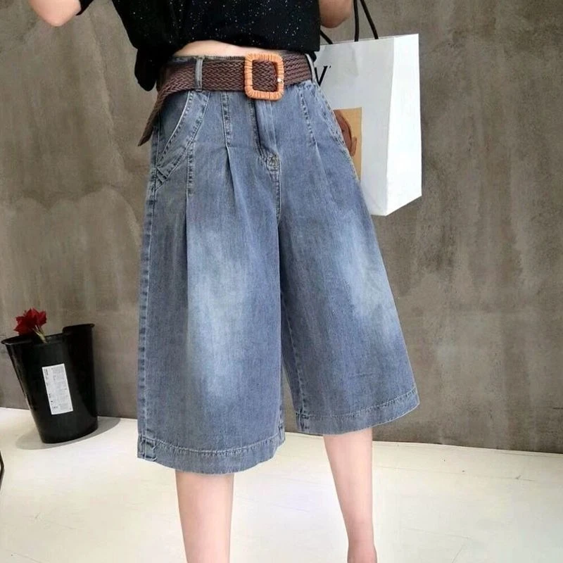 

Women Wide Leg Denim Mid Calf Shorts Summer Lightweight Loose Comfort Casual Straight Leg Pants New