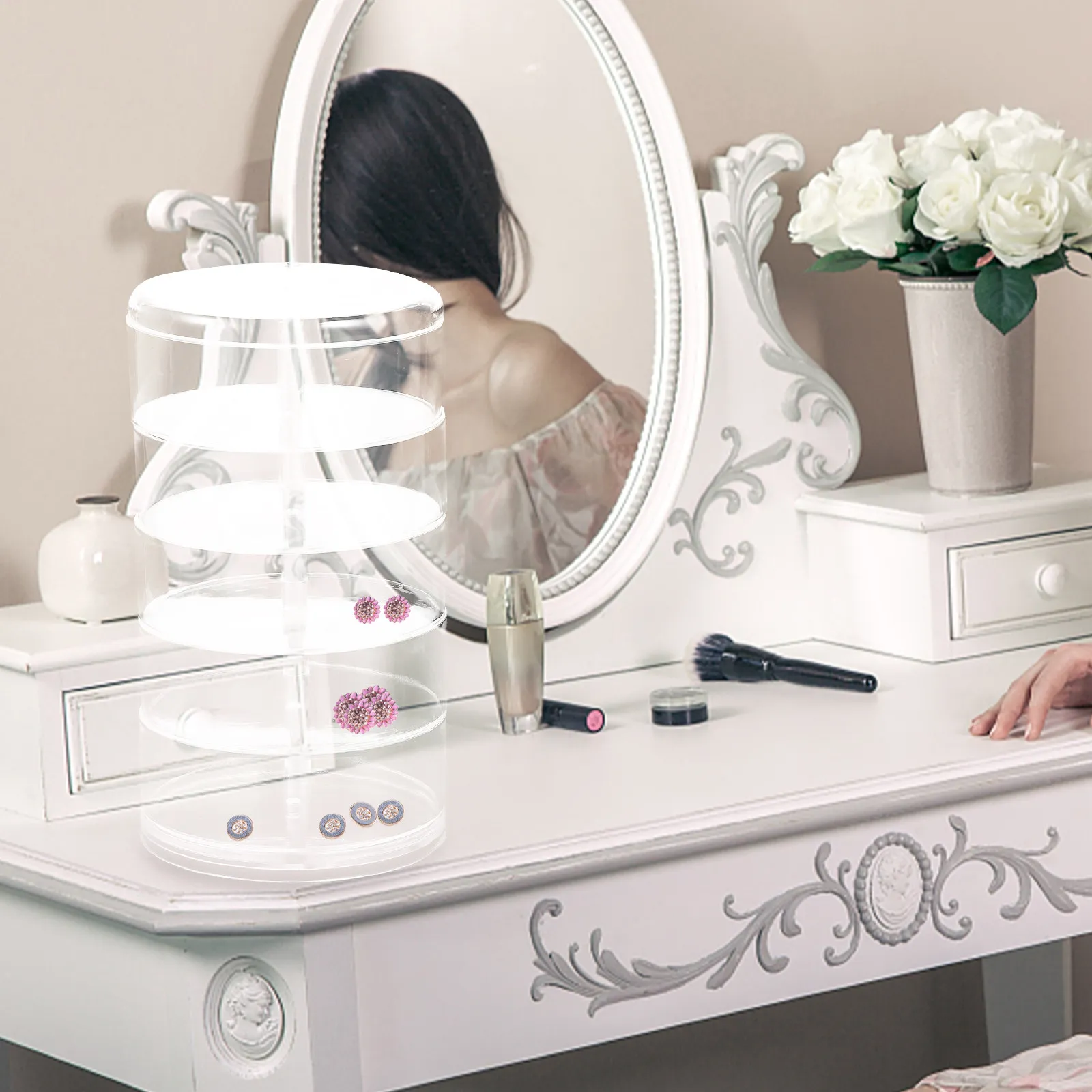 

Multi-Layer Jewelry Organizer Box Rotating Design Transparent Cover with Compartment Storage Fits Dressing Table Bathroom