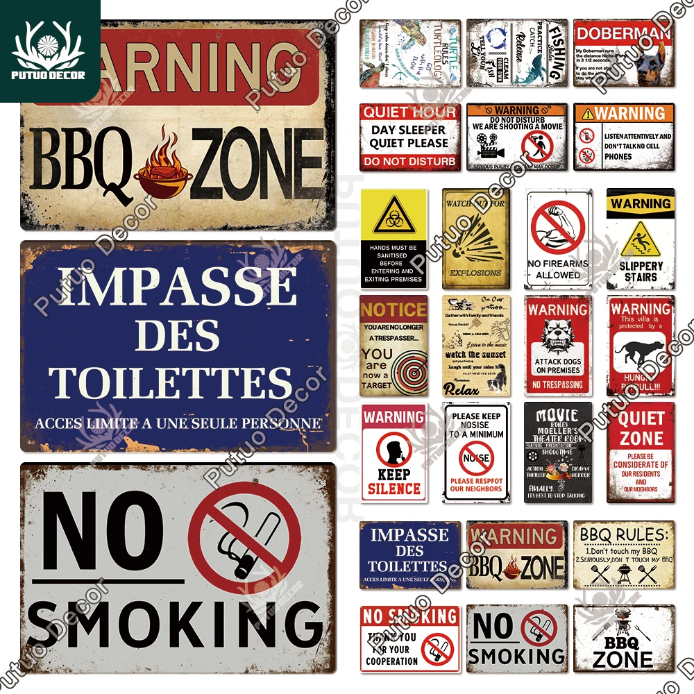 Putuo Decor Warning BBQ Tin Sign No Smoking Plaque Metal Vintage Poster Wall Art Decor for Garage Quiet Zone Home Backyard