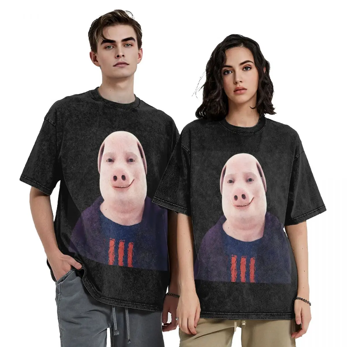 John Pork Smiling Washed T Shirts Casual Short Sleeve Hip Hop T-Shirt Streetwear Tops Tees for Men Women
