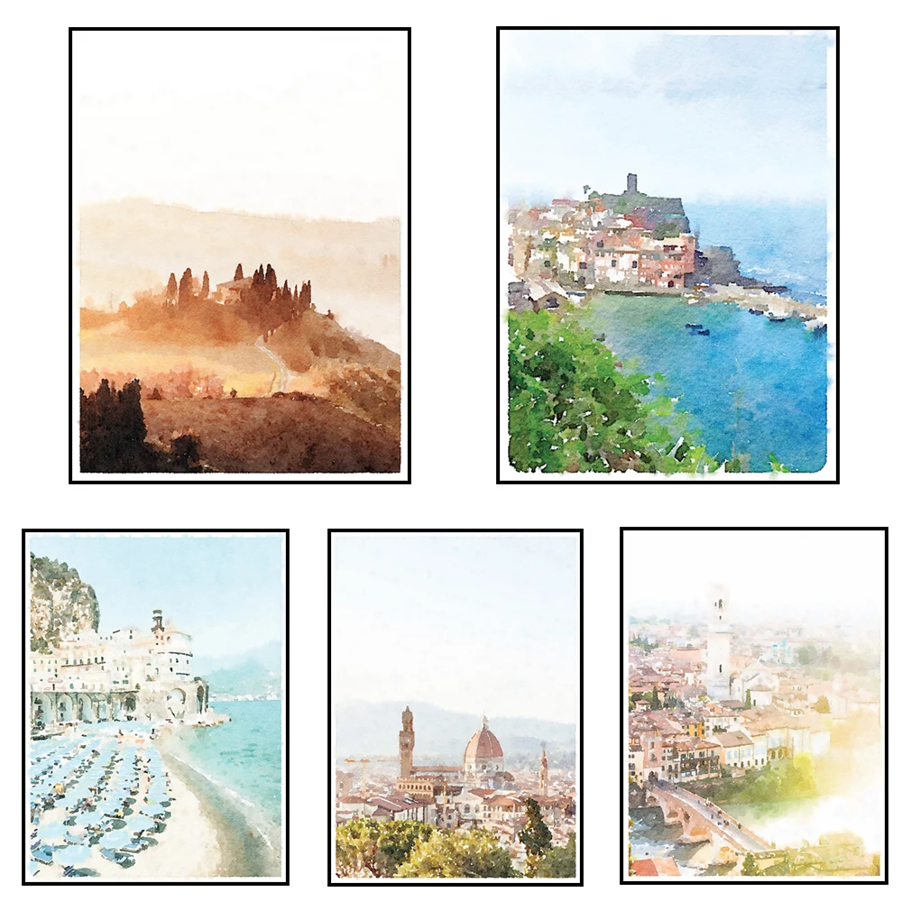 Italy Travel Gallery Watercolor Wall Art Prints, Rome, Florence, Amalfi Coast, Cinque Terre, Verona, Venice Travel Scenery Poste
