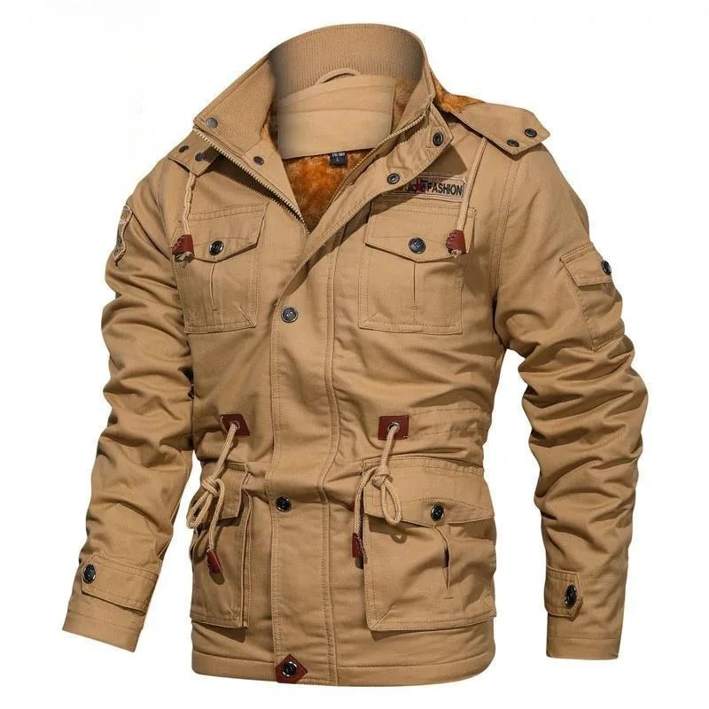 Men Winter Thick Cotton Cargo Jacket Detachable Hood Multi Pockets Drawstring Waist Windproof Outdoor Tactical Casual Coat