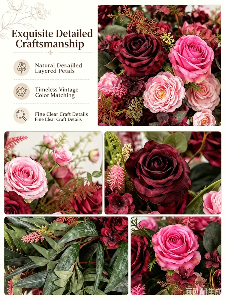Burgunderrot, Rosa Rose, Grüne Blätter, Hochzeitstisch-Mittelstück, Blumenball-Dekoration, Kirchen-Bankett-Arrangement, Blumen-Event-Bühnen-Requisite – Detail 5