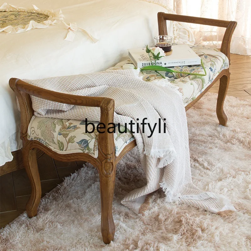

North American Country Style Fabric Bed End Stool Vintage Pastoral Solid Wood Carved Pattern Shoe Changing Stool