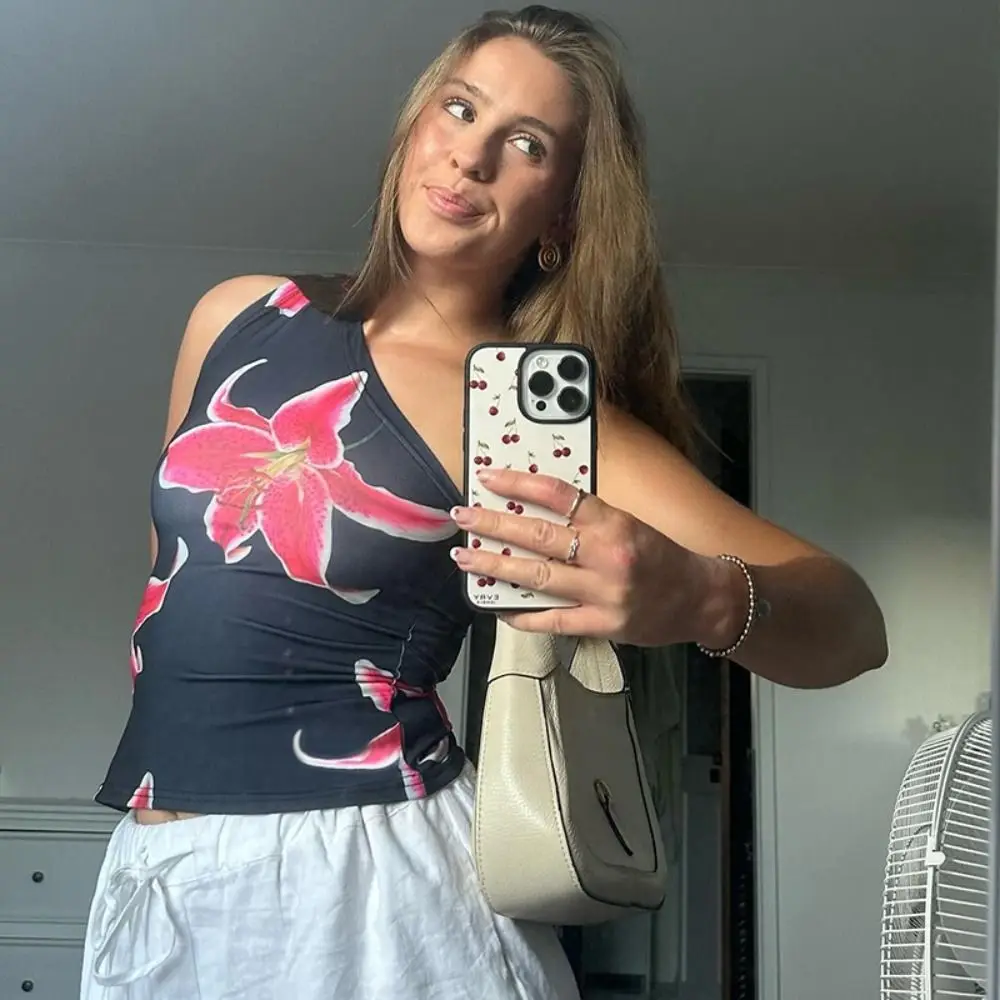 

New Floral Print Sleeveless Vest Single Shoulder Casual Fitted Tops Slanted Collar Tank Top Women