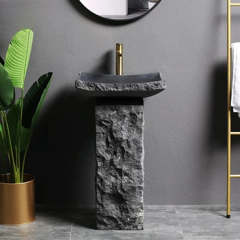 Outdoor Stone Pillar Basin, Floor-to-ceiling Wash Basin, Natural Rough Stone Retro Courtyard, Stone Courtyard