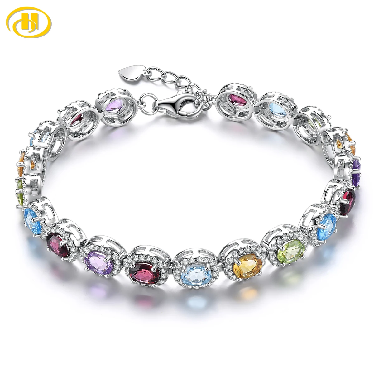 Natural Multicolor Gemstone Solid Silver Rhodium Plated Bracelets 7.5 Carats Genuine Topaz Garnet Amethyst Anniversary Gifts