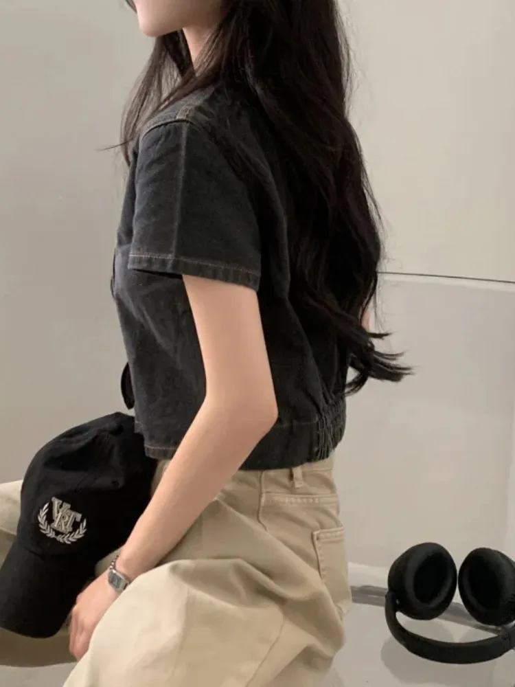 Double Zipper Denim irt Jaet Women's Summer New Vintage Design Loose Casual ort Top Commute Sle ort Sve