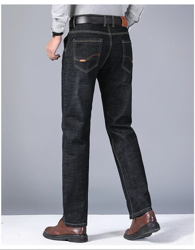 Wthinlee New Business Men's Jeans fleece Casual Straight Stretch Fashion Classic Blue Black Work Denim Trousers Male Clothing