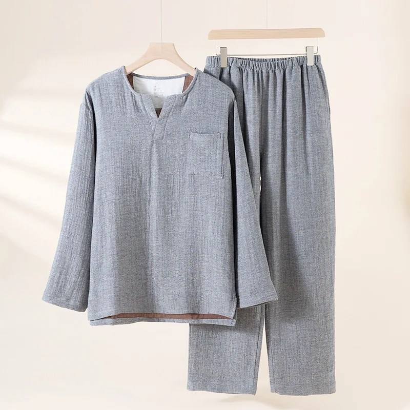 

Men's Long Sleeve Long Pants Pajamas Set Simple Style Homewear Cotton Double Layer Yarn-Dyed Jacquard Pajama Suit