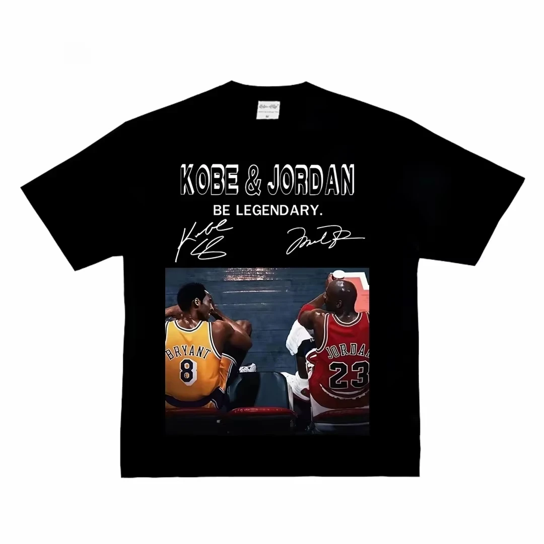 Dios del baloncesto Kobe & Jordan con el mismo marco americano cuello redondo retro estampado streetwear casual baloncesto camiseta de manga corta
