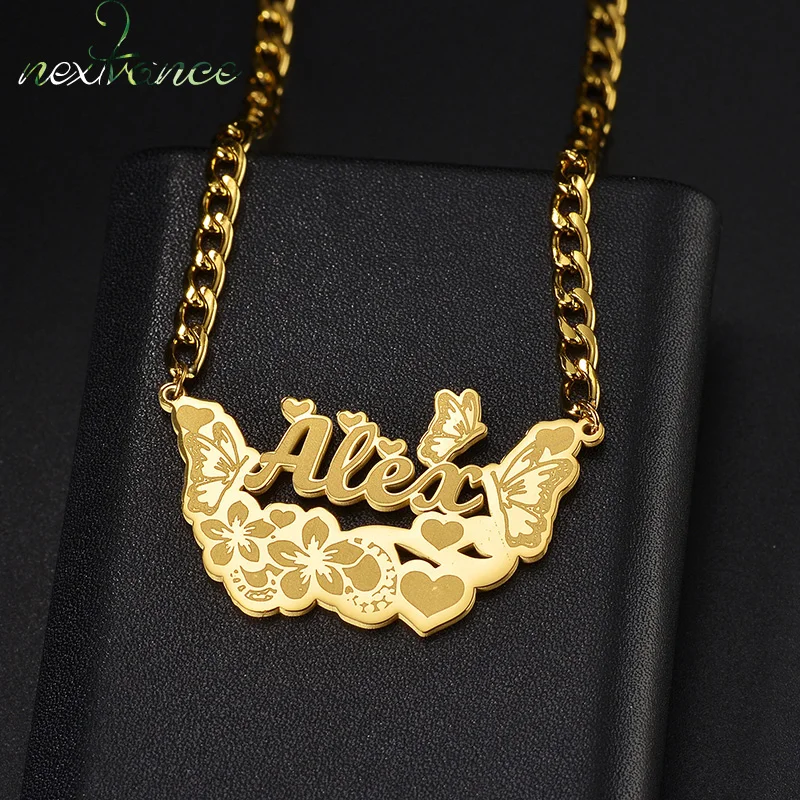 Nextvance Customized Name Necklace Butterfly Flower Stainless Steel Personalized Nameplate For Women Girl Jewelry Gifts