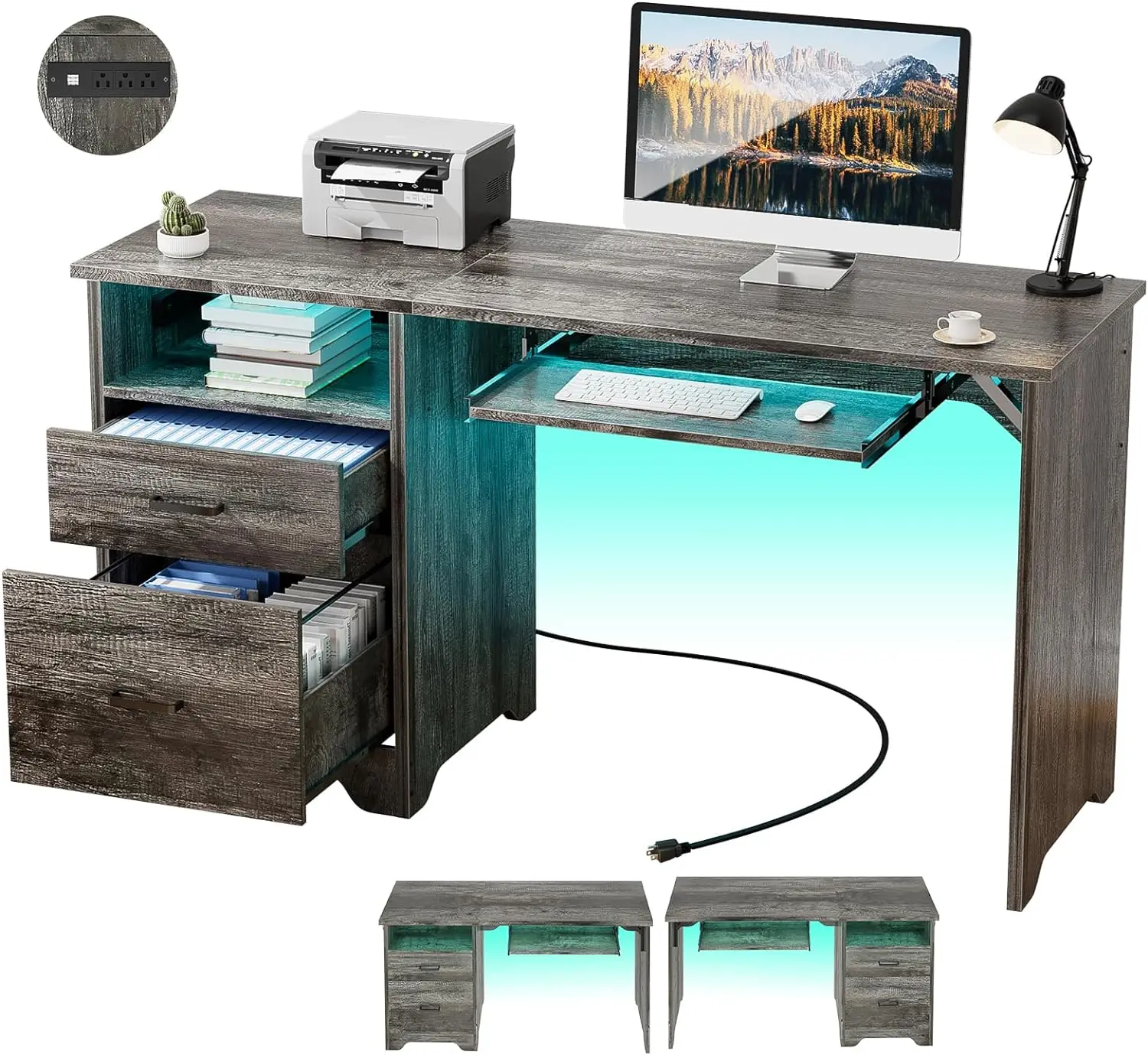 Bureau d'ordinateur avec lumière LED intelligente et prise de courant, bureau de bureau réversible avec classeur, écriture moderne et robuste, 55 pouces