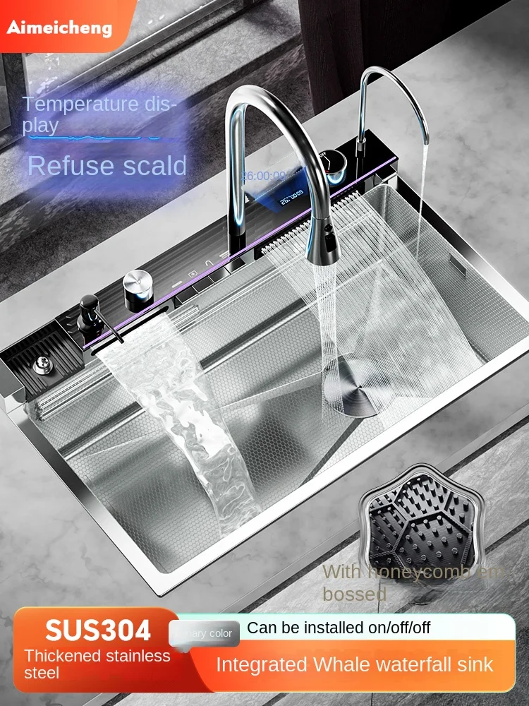 Digital Display Honeycomb 304 Stainless Steel Kitchen Sink Gold Golden Black White Gun Grey Gray Silver Kitchen Sink Water Fall