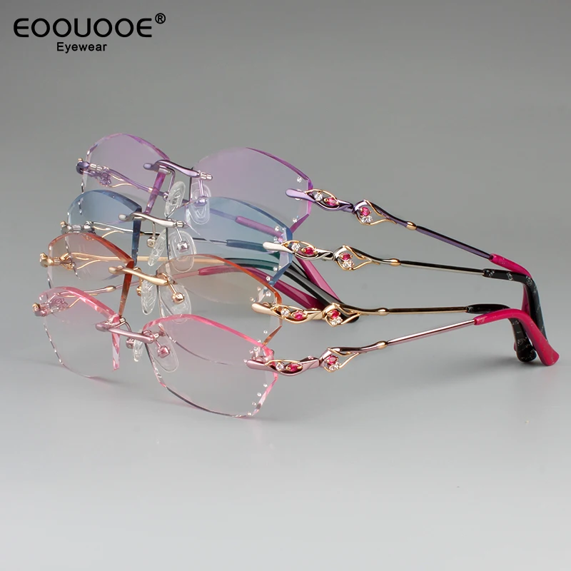 

Women's Rimless Eyewear Luxury Crystal Design Optics Gradient Coloed Lenses Diamond Myopia Hyperopia High-Grade Glasses Frame