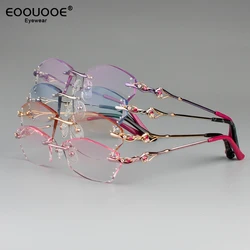 Women's Rimless Eyewear Luxury Crystal Design Optics Gradient Coloed Lenses Diamond Myopia Hyperopia High-Grade Glasses Frame