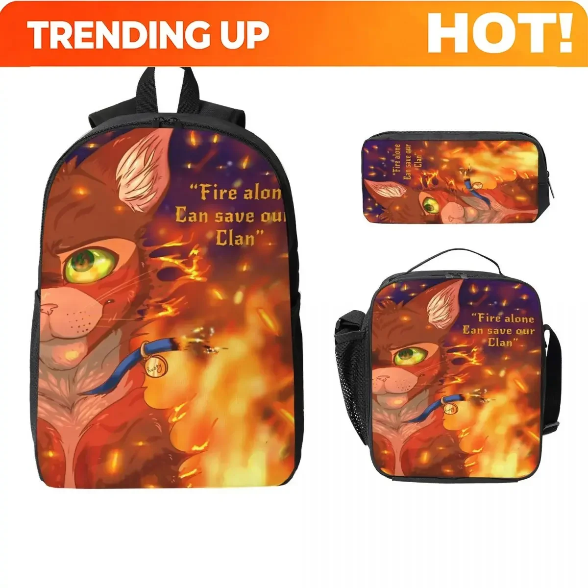 Custom Bag Warrior Cats Kids Backpack Lunch Box Pencil Boxes For Boys Girls Backpacks Schoolbag Bookbag Set