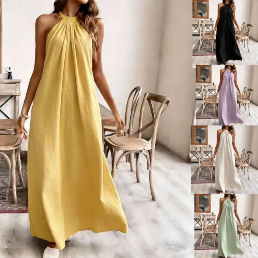 

2026 Европа и Америка - новое летнее однотонное свободное модное платье с вырезом на шее, платье для отпуска