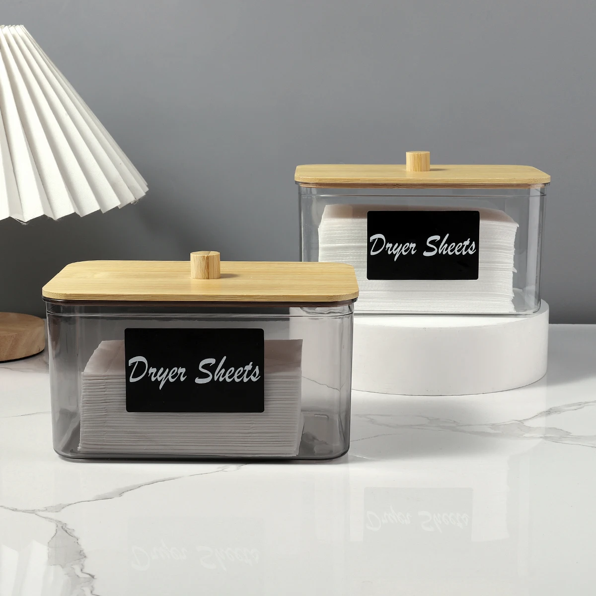 Acrylic Dryer Sheet Holder with Lid, Clear Laundry Sheets Container with Labels, Laundry Pods Storage for Laundry Room Organizat
