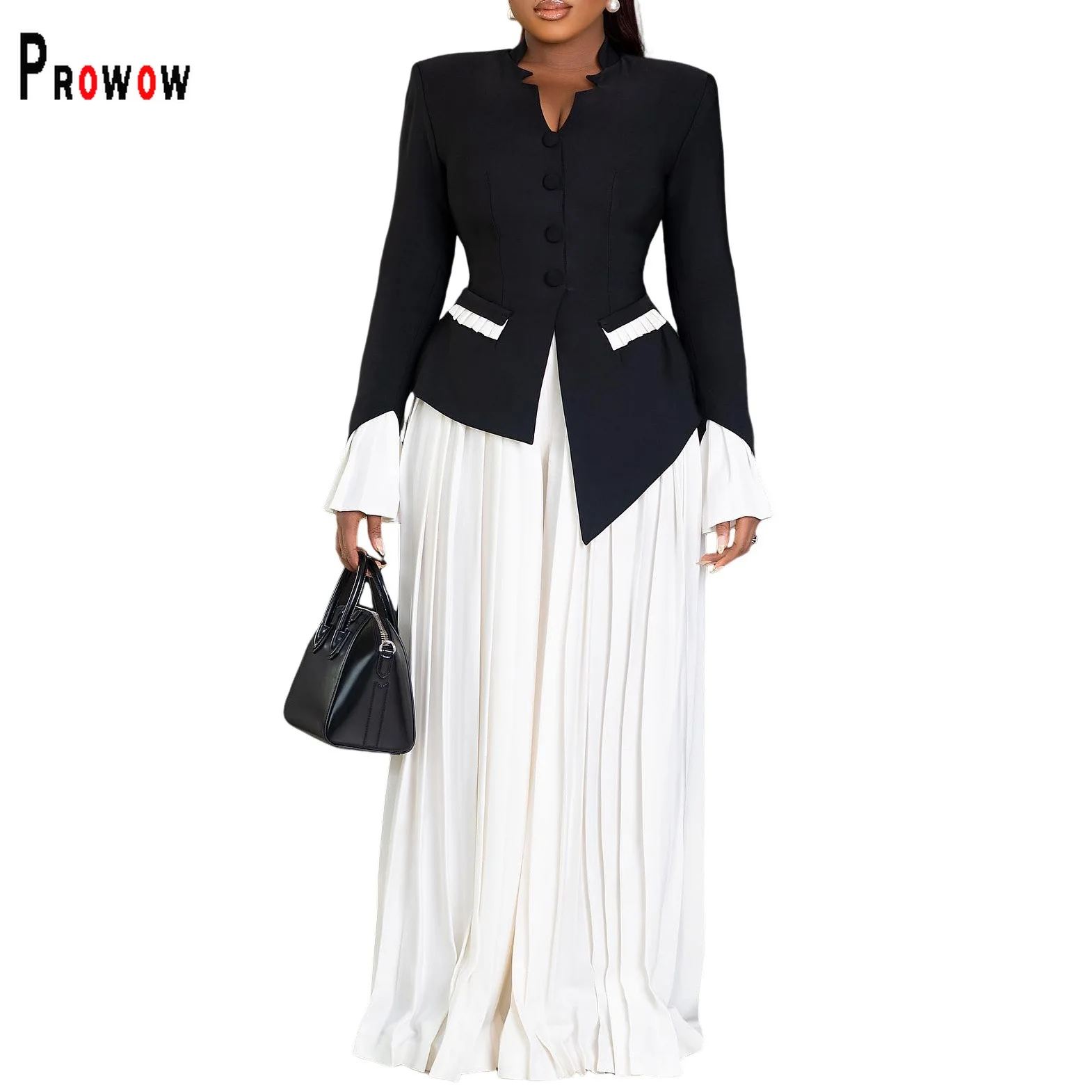 

Prowow Fashion Women Two Piece Set Flare Sleeve Coat Wide Leg Pant Trend Slim Fit Office Lady Suits Fall Winter Female Clothes