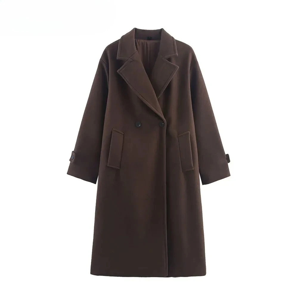 Warm Fashion Notch Neck Long Sleeves Female Elegance Chic Lady Outfits Autumn Winter Women's Brown Woolen Coat