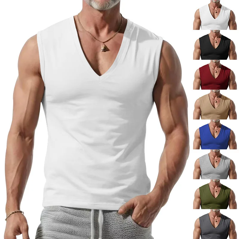 GELITAYIN 2024 Summer New Men's Vest Sleeveless Waistcoat T-shirt V-Collar Solid Color Sports Fitness Men's Clothing Free Shippi