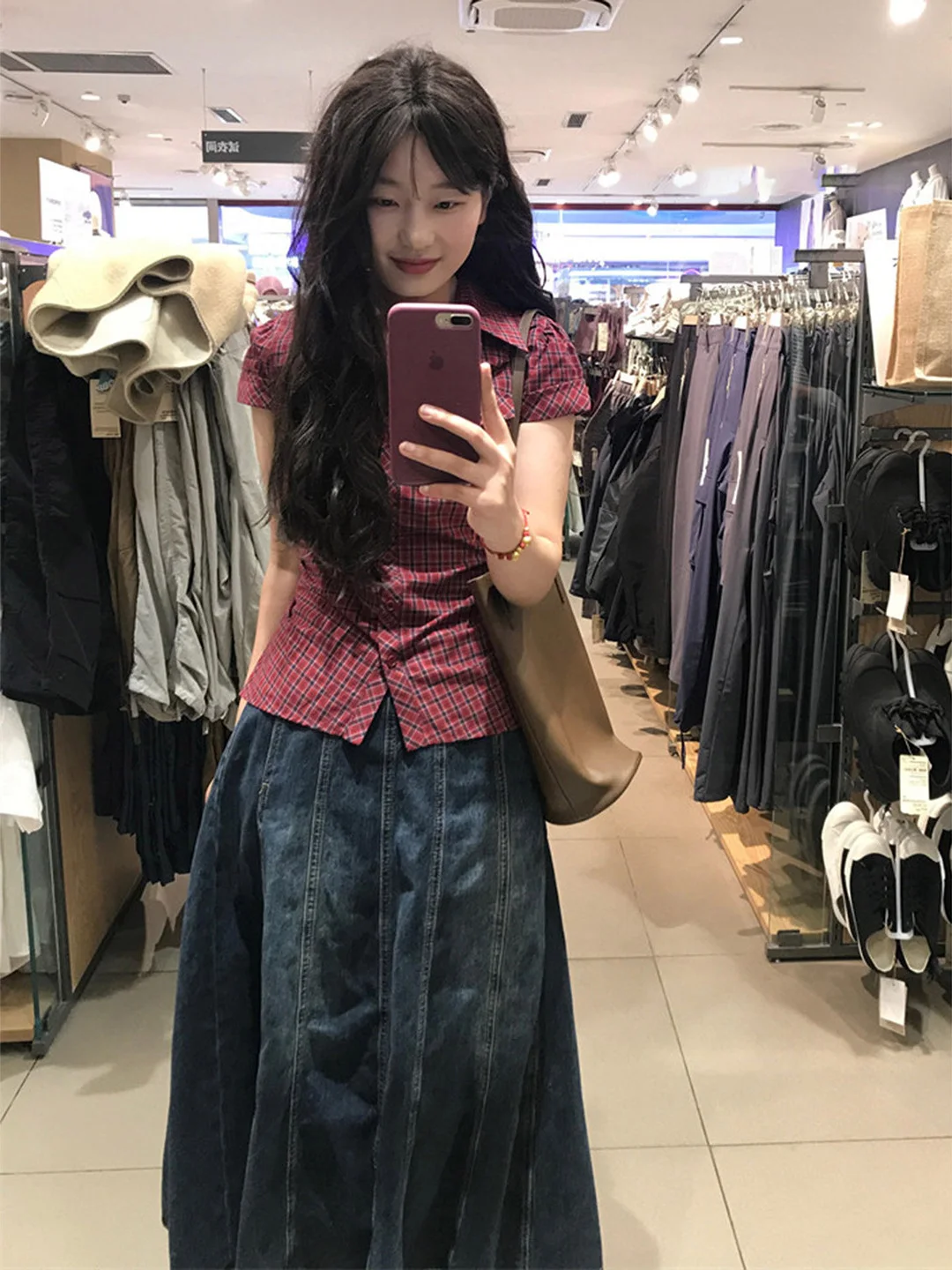 

Retro Red Plaid Bubble Sleeve Shirt Short Sleeve Women Summer Pleated Waist Cinching Slimming Sexy Top Collar Pure Cotton
