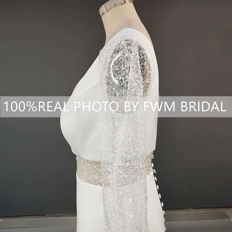 8729 #   100% fotos reales traje de dos piezas mangas largas de encaje vestido de novia con lentejuelas vestido de novia personalizado