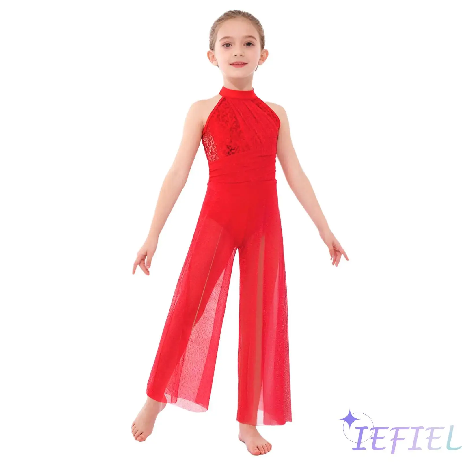 Kids Girls Lyrical Jazz Dance Jumpsuit Sleeveless Shiny Sequins Bodice Shimmery Mesh Split Wide-Leg Bodysuit for Ballroom Dance