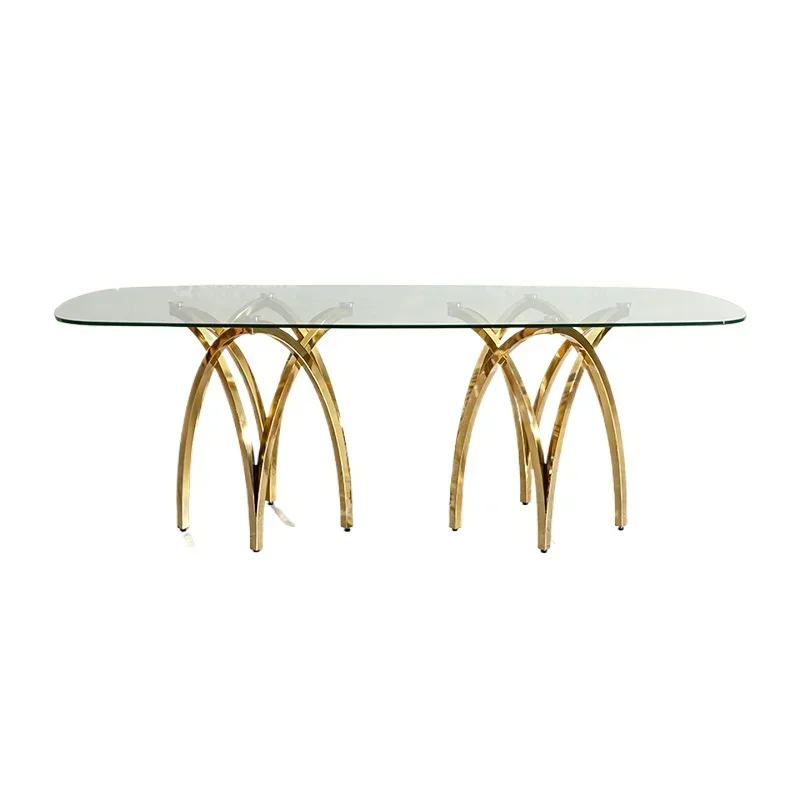 High-end wedding glass dining table banquet dining table rectangular household high-end dining table stainless