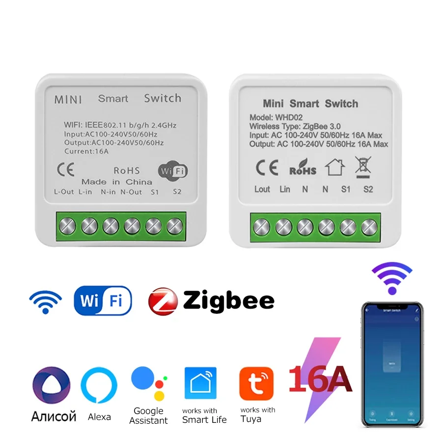 

Модуль умного переключателя Tuya ZigBee WiFi 16A Поддержка 2-стороннего управления Реле выключателя Приложение Голосовое управление с Alexa Google Home 220 В 110 В