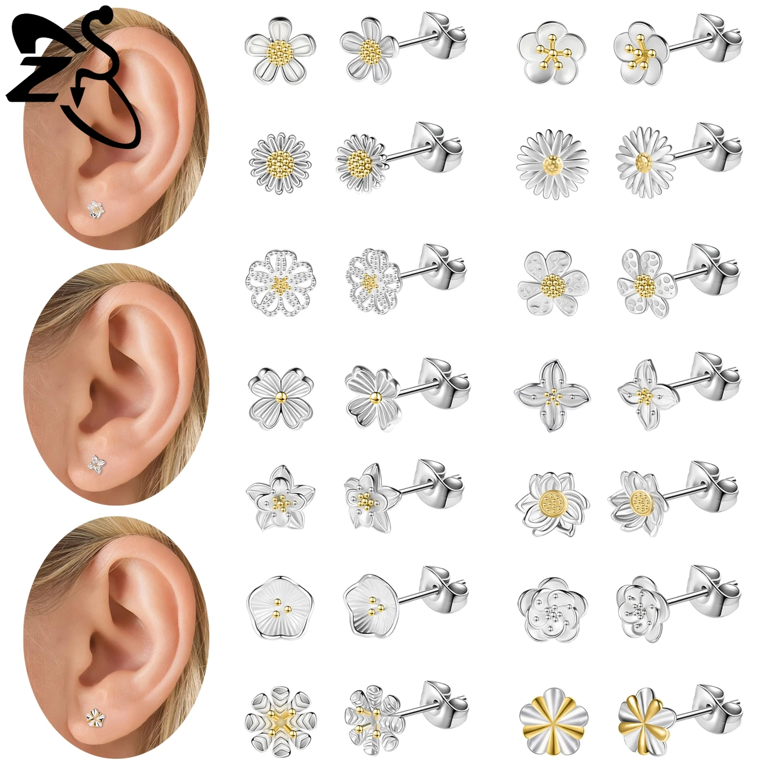 

ZS 1 Pair 20G 925 Sterling Silver Stud Earring Daisy Flower Shape Ear Studs Women Girls Helix Cartilage Piercings Jewelry 11MM