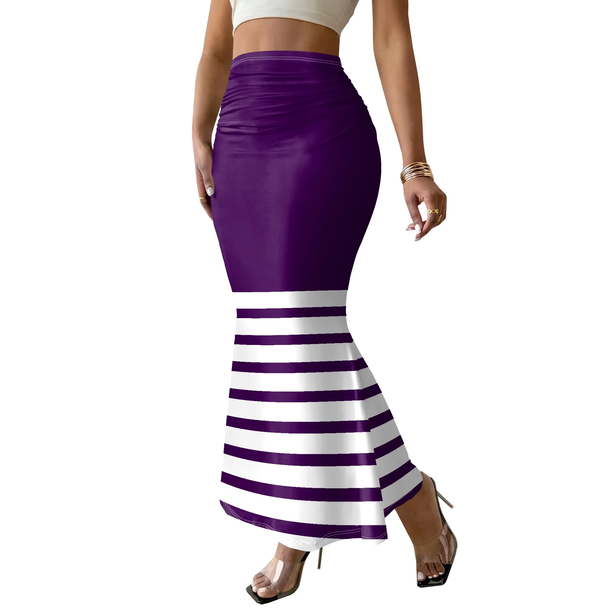 High Waist Mermaid Skirt, Purple Ruched Bodycon, Striped Print Maxi, Party Clubwear S-2XL
