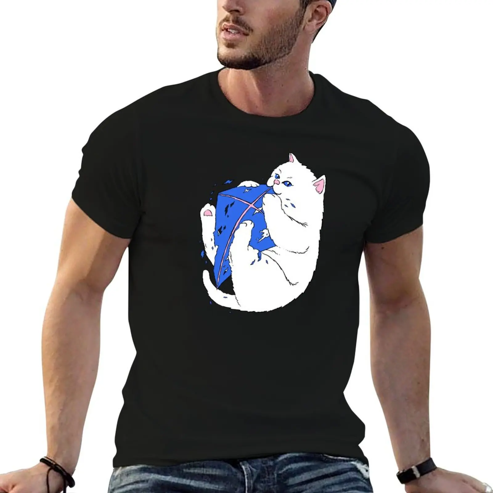 Camiseta Cat & Kite (gato blanco y cometa azul), camisetas divertidas, Camiseta de algodón de humor oscuro, camiseta para hombre