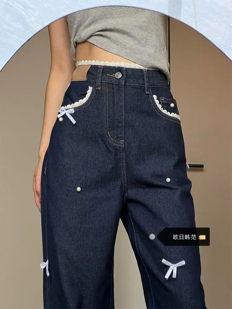 Sweet Lace And Lace Patchwork Wide Leg Jeans With Spring And Autumn Bow Design Dark Floor Length Pants For Women