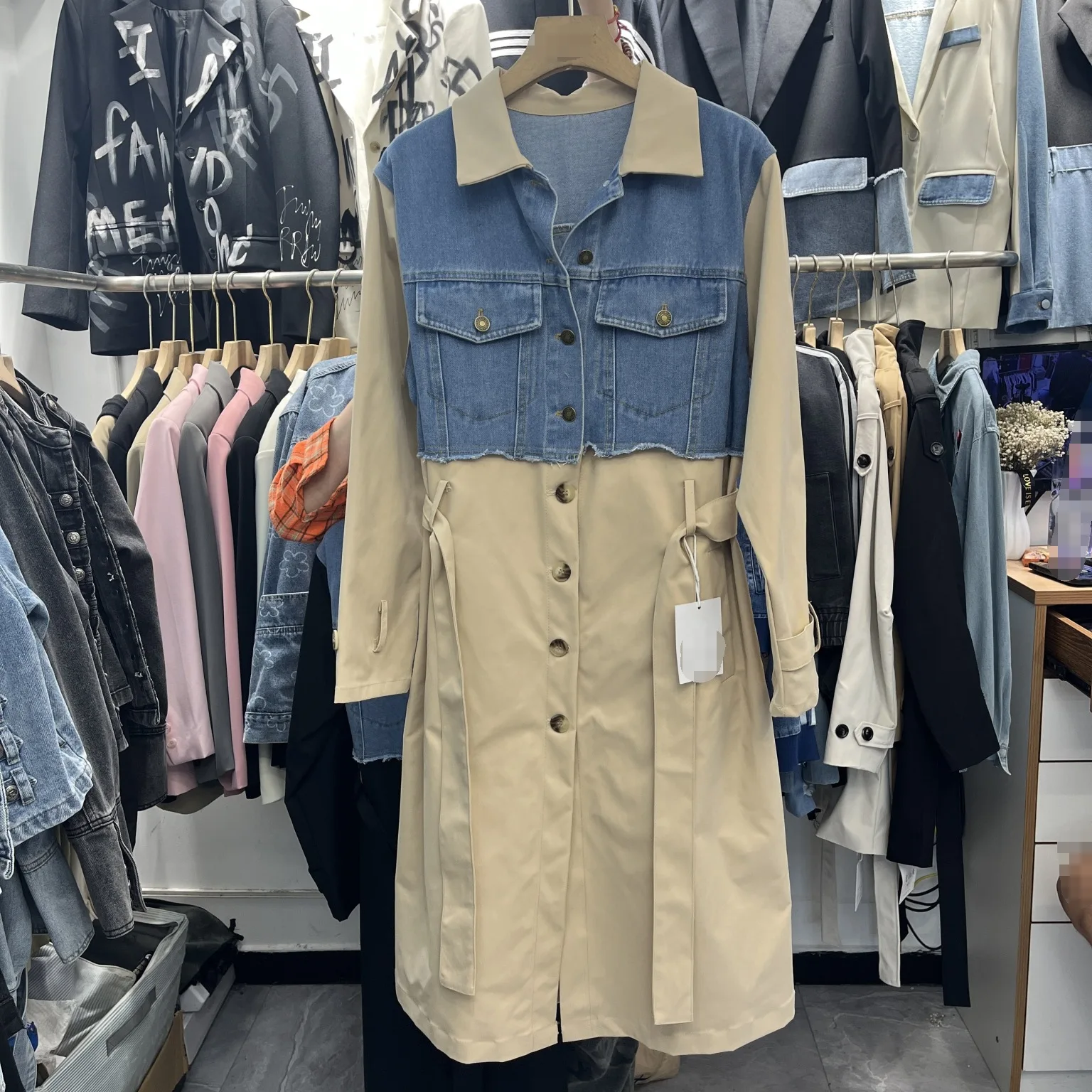 SuperAen Color-blocked Denim Patchwork Coat for Women Autumn 2026 New Korean-style Loose Straps Waist Long Coats