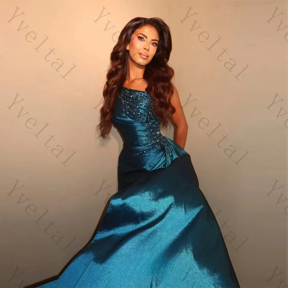 Customized woman Blue Satin Mermaid Evening Gown Beaded One-Shoulder Bodice Elegant Formal Dress for Prom Wedding Guest Party
