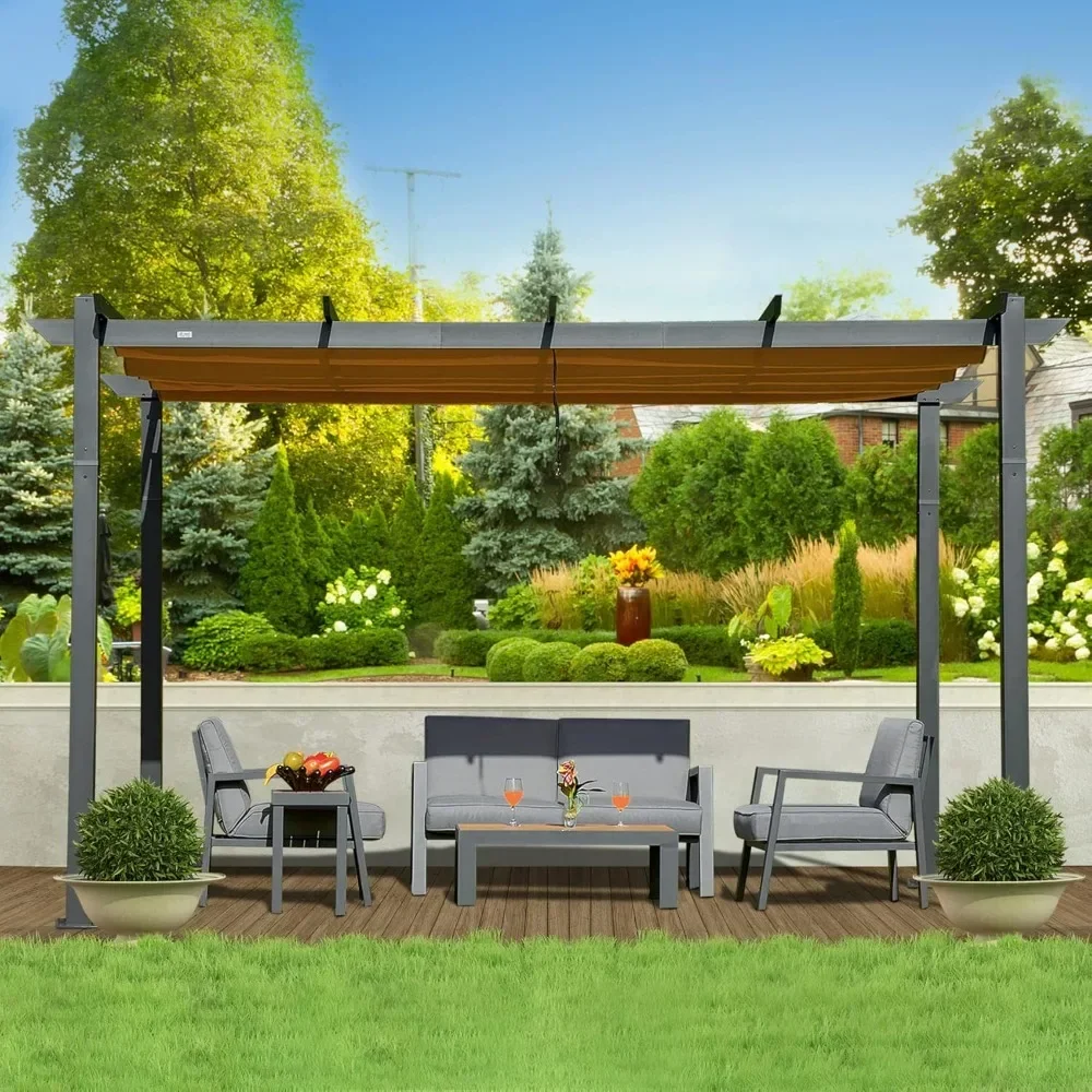 9 X 13 FT Outdoor Retractable Pergola Against The Wall with Sun Shade Canopy, Pergolas and Gazebos Clearance, Patio Metal Canopy