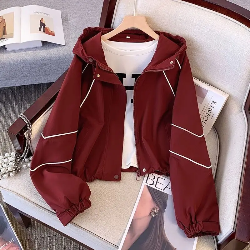 

Spring Autumn Jacket Women Hooded Zip-up Sweatshirt Long-sleeved Short Top Baseball Jacket Loose Sportswear Patchwork Outerwear