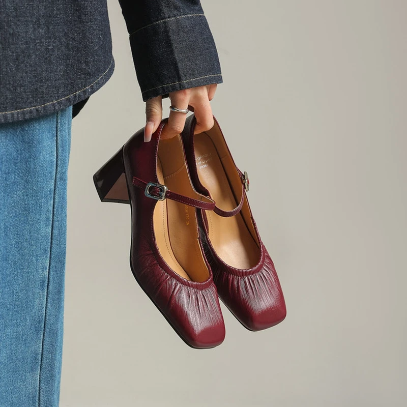 

NEW Spring/Autumn Women Pumps Genuine Leather Shoes for Women Square Toe Chunky Heel Shoes Pleated Buckle Strap Mary Janes Shoes