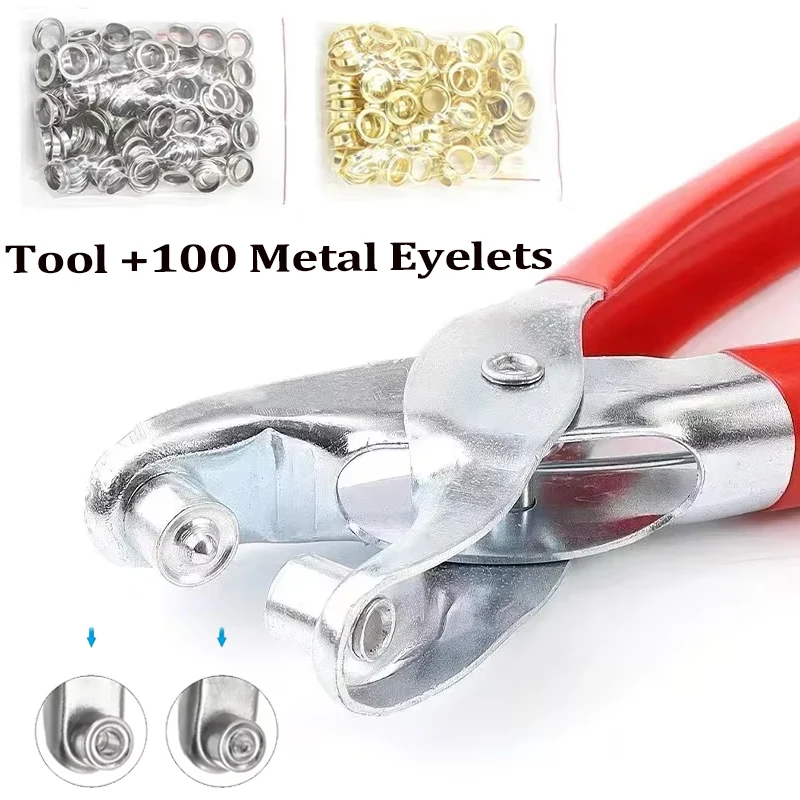 1 Set 1/4 Inch Grommet Eyelet Plier Set, Eyelet Hole Punch Pliers Kit With 100 Metal Eyelets, Grommet Tool Kit For Leather Cloth