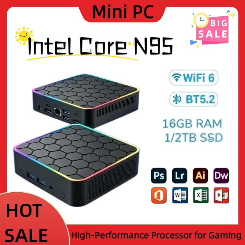 Powerful Intel Core N95 Mini PC 16GB RAM 1TB 2TB NVMe SSD, WiFi 6, BT 5.2, 4K HD, Compact Desktop for Home Office & Business