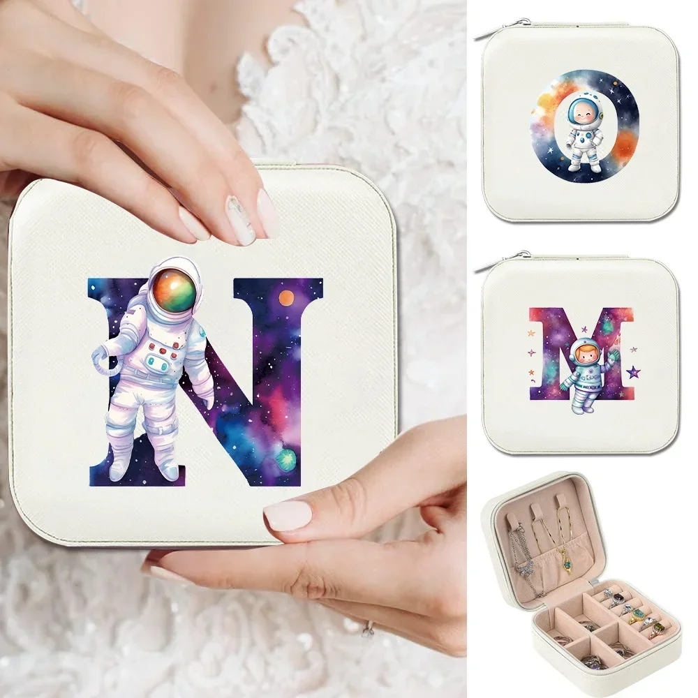 Jewelry Box Travel Jewelry Case Organizer Leather Storage Earrings Necklace Ring Jewelry Organizer Astronaut Letter Pattern