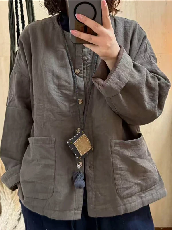 

Ретро художественный льняной вышитый круглый хлопковый джет, женская зимняя новинка, розовая повседневная универсальная верхняя одежда