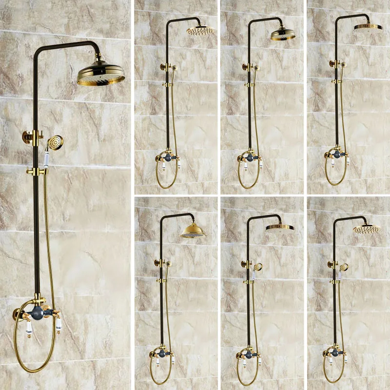 

Gold & Black Oil Rubbed Brass Dual Ceramic Levers Wall Mounted Bathroom Rainfall Rain Shower Faucet Set Bath Mixer Tap mzh403