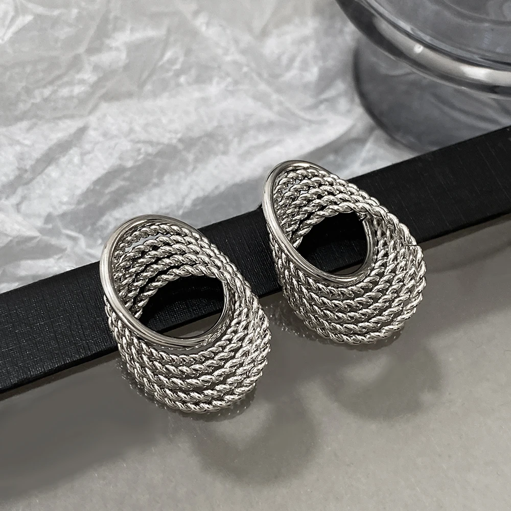 AENSOA Punk Metal Layered Twist Big Geometric Stud Earring Unique Gold Silver Color Statement Earring Women 2024 Fashion Jewelry image 3