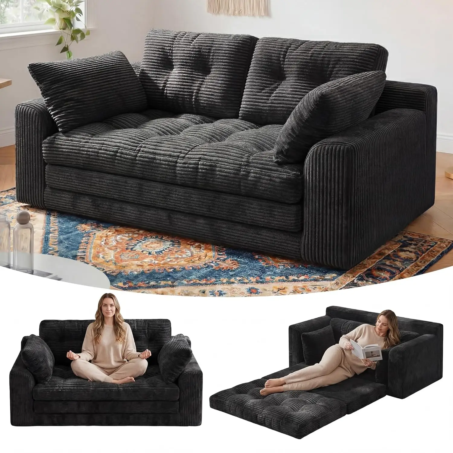 #Grey Convertible Folding Sofa Bed Out Sleeper Corduroy Futon with Pillows Tri-Fold Small Space Portable